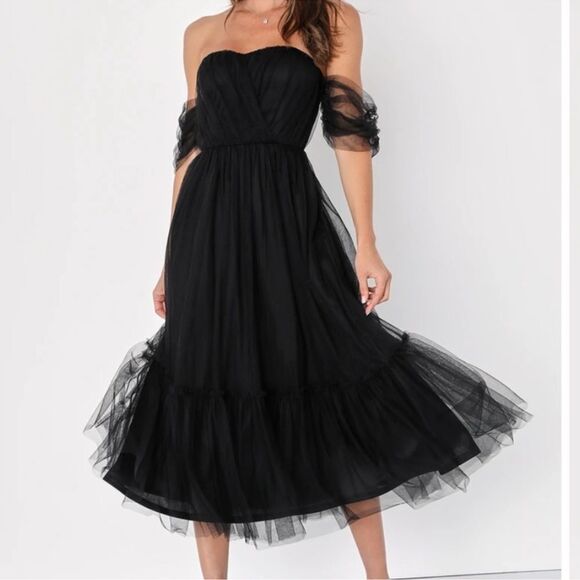 Lulus Divine Dreamer Off the‎ Shoulder Tiered Midi Dress, Black, Large, NWT - Picture 1 of 10